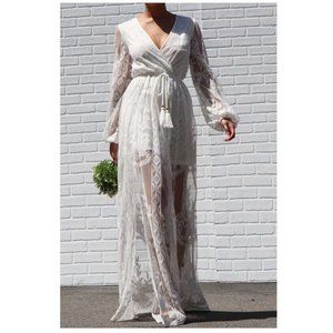Bohemian Maxi Dress White Crochet Lace Belted Peasant Long Dress Boho Wedding